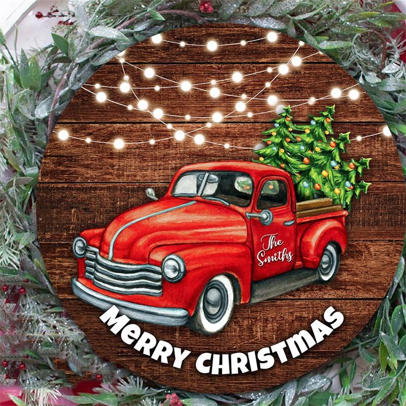 Christmas Vintage Bow Red Truck Door Hanger Sign