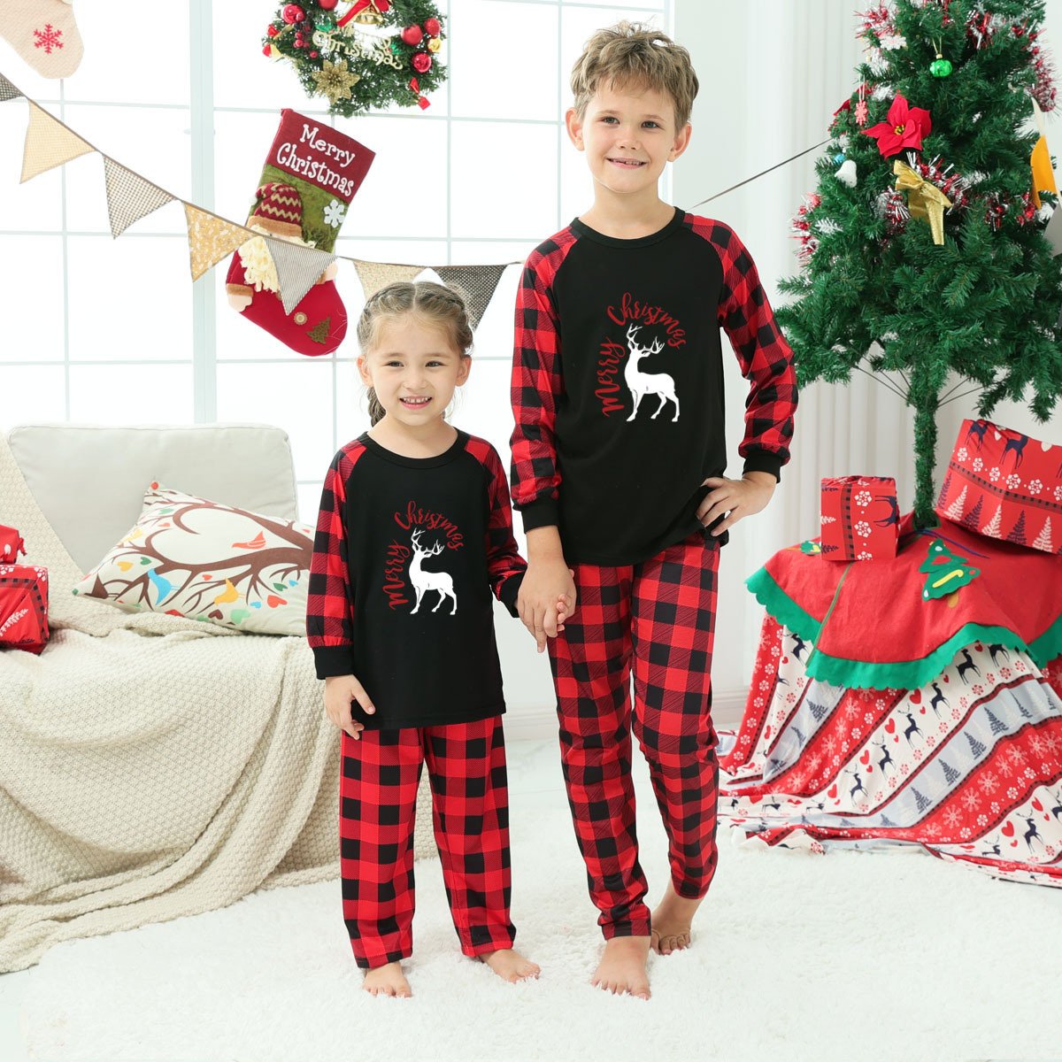 Reindeer Alphabet Check Print Christmas Family Matching Pajamas (with Pet Dog Clothes)
