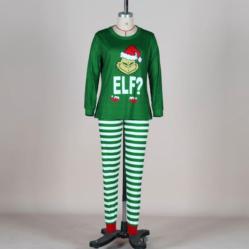 Christmas round neck green striped print baby pajamas set