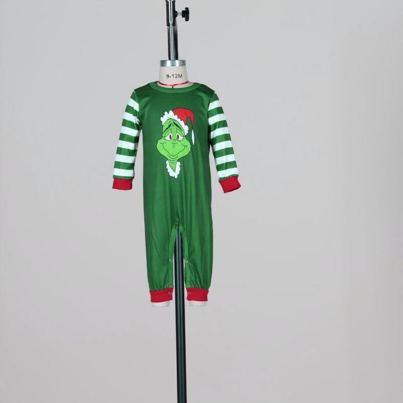 Christmas round neck green striped print baby pajamas set