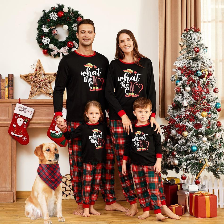 Christmas Elf Print Buffalo Plaid Family Matching Pajamas Sets (with Pet Dog Clothes)