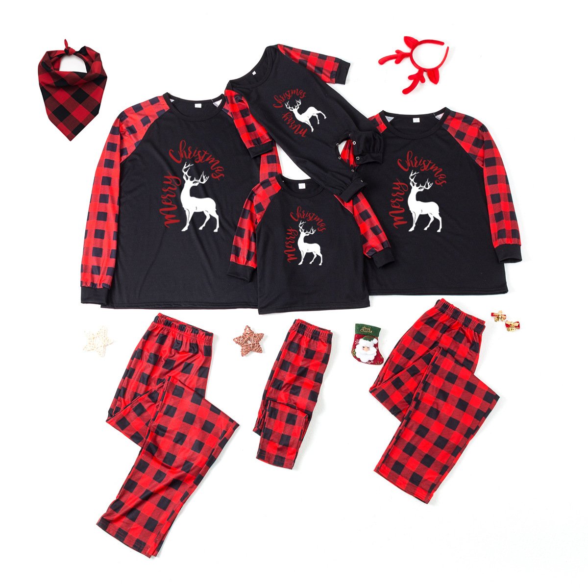 Reindeer Alphabet Check Print Christmas Family Matching Pajamas (with Pet Dog Clothes)