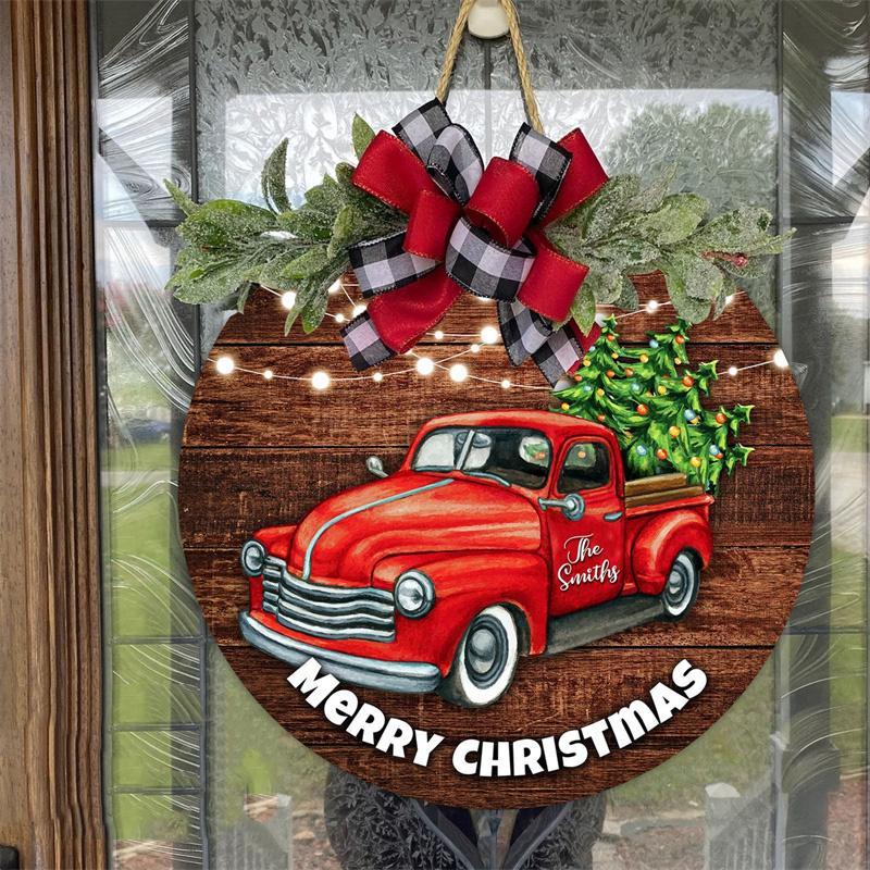 Christmas Vintage Bow Red Truck Door Hanger Sign